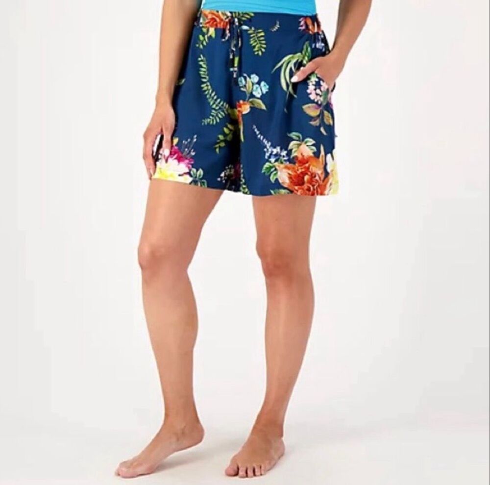 Jantzen $76 Floral Drawstring Swim Cover Up Shorts Azure Blue Medium NEW